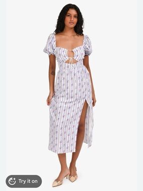 For Love & Lemons Lavender Stripe Floral Cutout Midi Dress